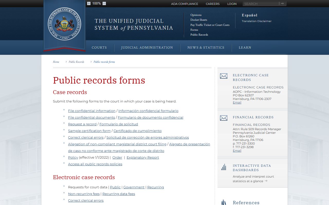 Centre County Prothonotary and Clerk of Courts records request forms