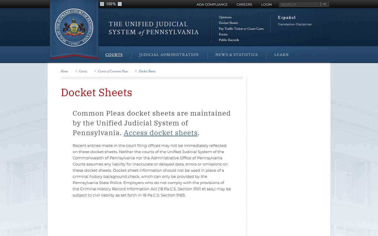 Centre County court dockets Common Pleas docket sheet explanation