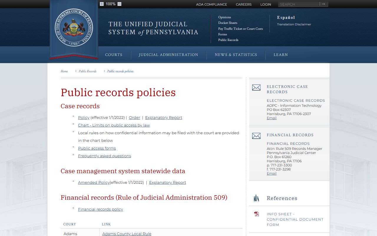 Centre County court records UJS case records public access policy
