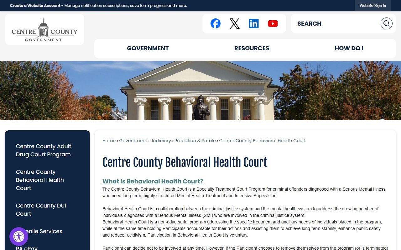 Centre County criminal court records Behavioral Health Court page
