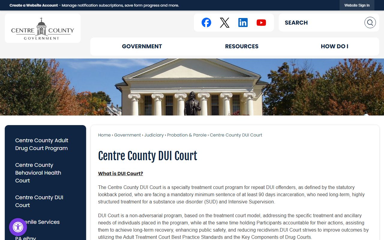 Centre County criminal court records DUI Court page
