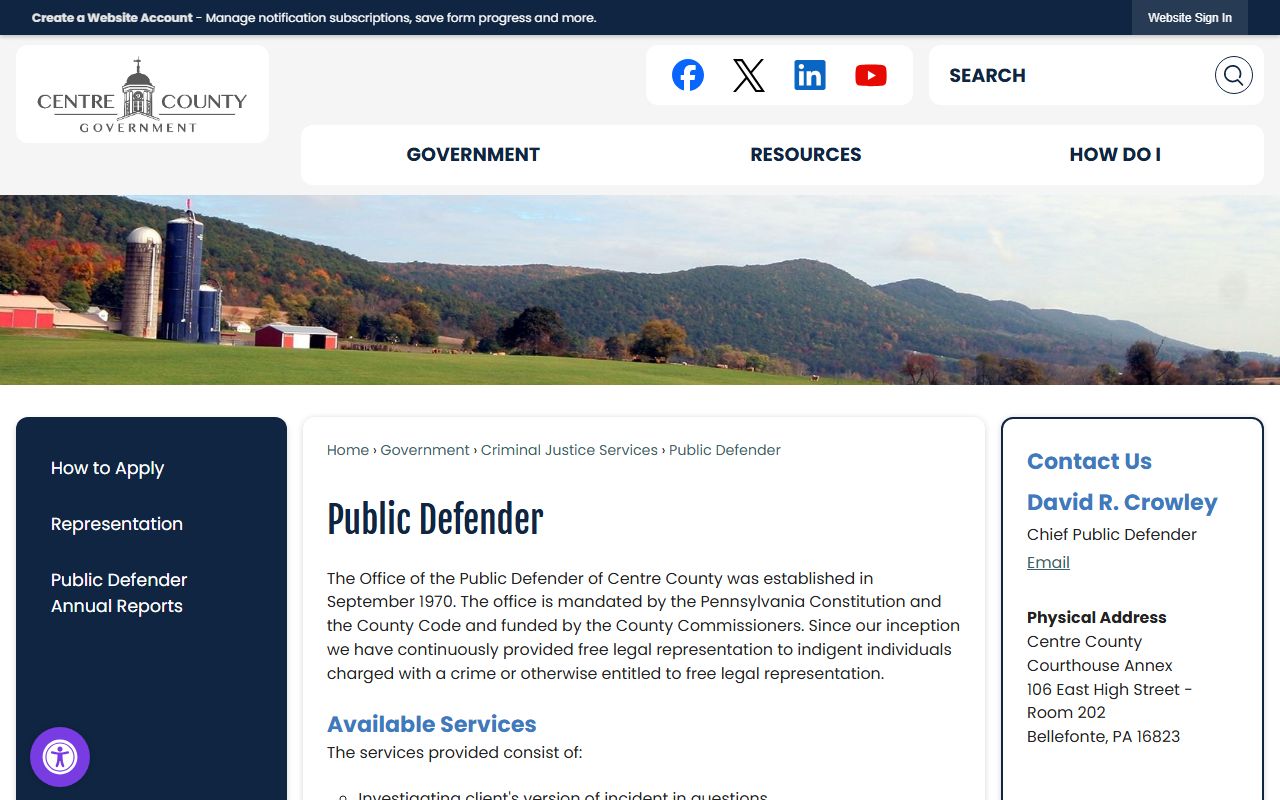 Centre County criminal court records Public Defender page