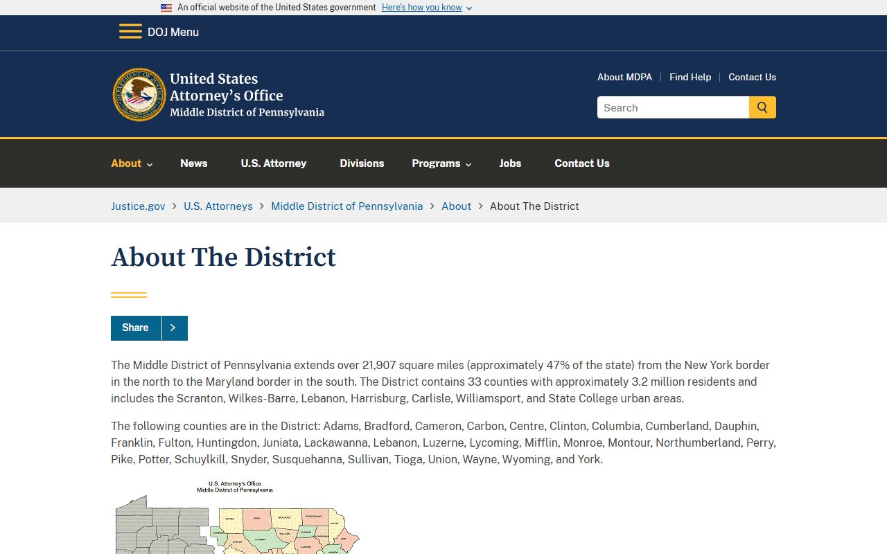 Centre County criminal court records U.S. Attorney Middle District page