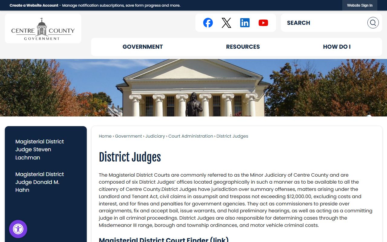 Centre County Court of Common Pleas Magisterial District Court listing