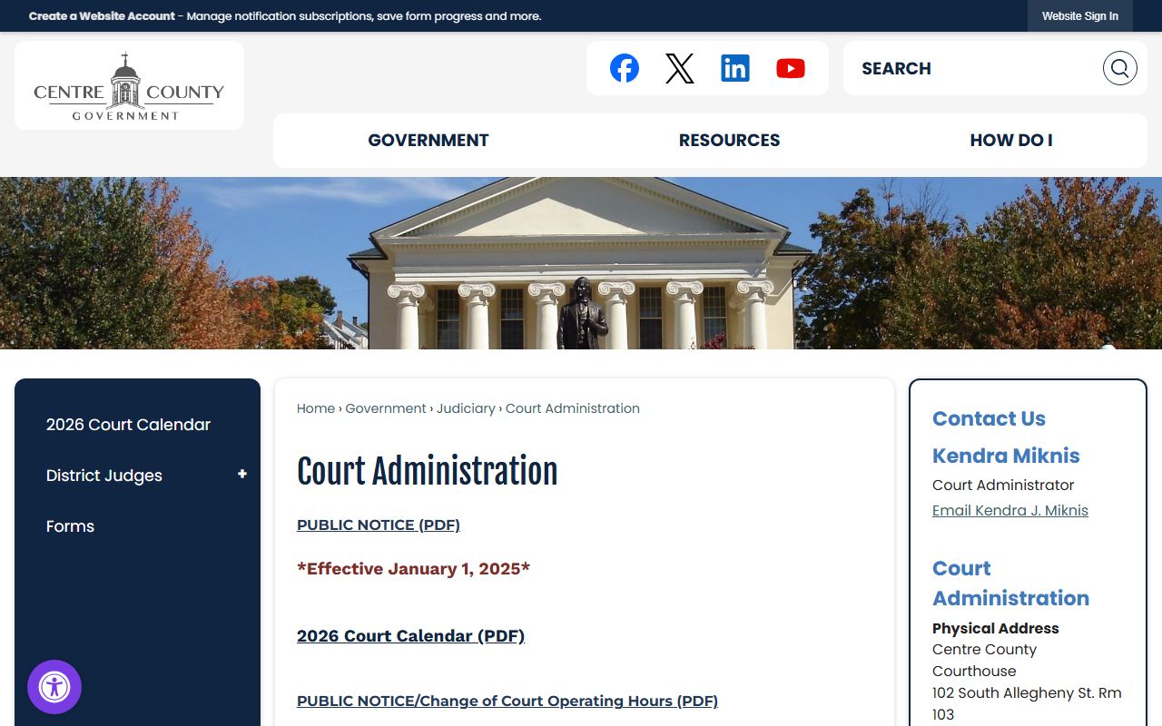 Centre County Court of Common Pleas Court Administration page