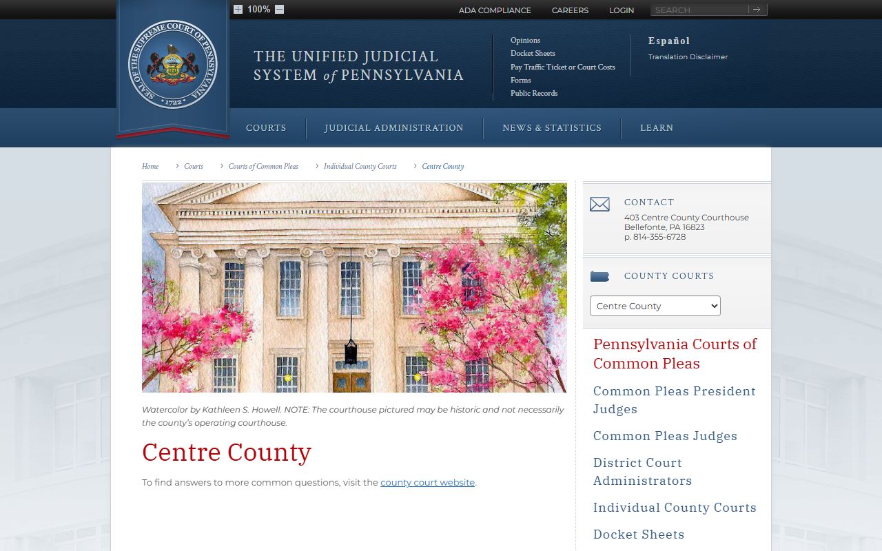 Centre County Court of Common Pleas Pennsylvania judiciary listing