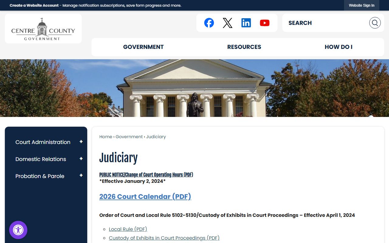 Centre County court records judiciary landing page
