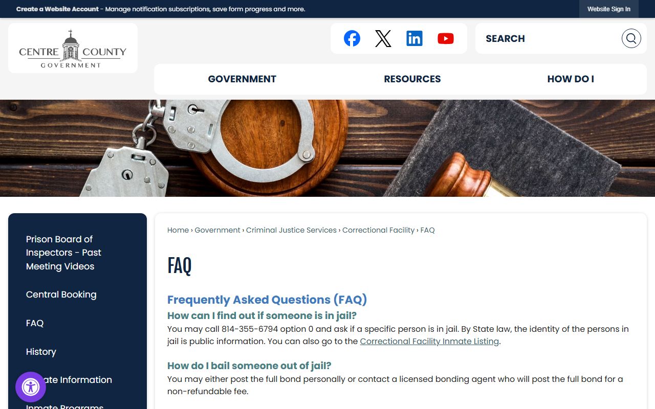 Centre County inmate records jail FAQ page
