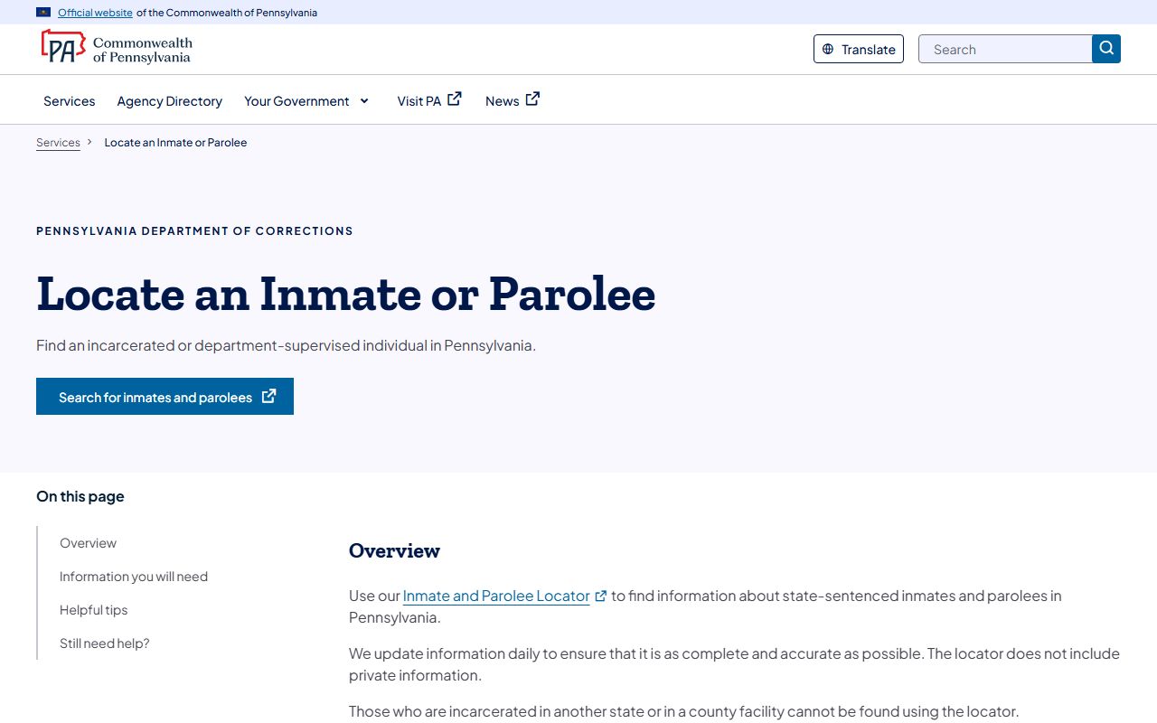 Centre County inmate search PA DOC inmate and parolee locator