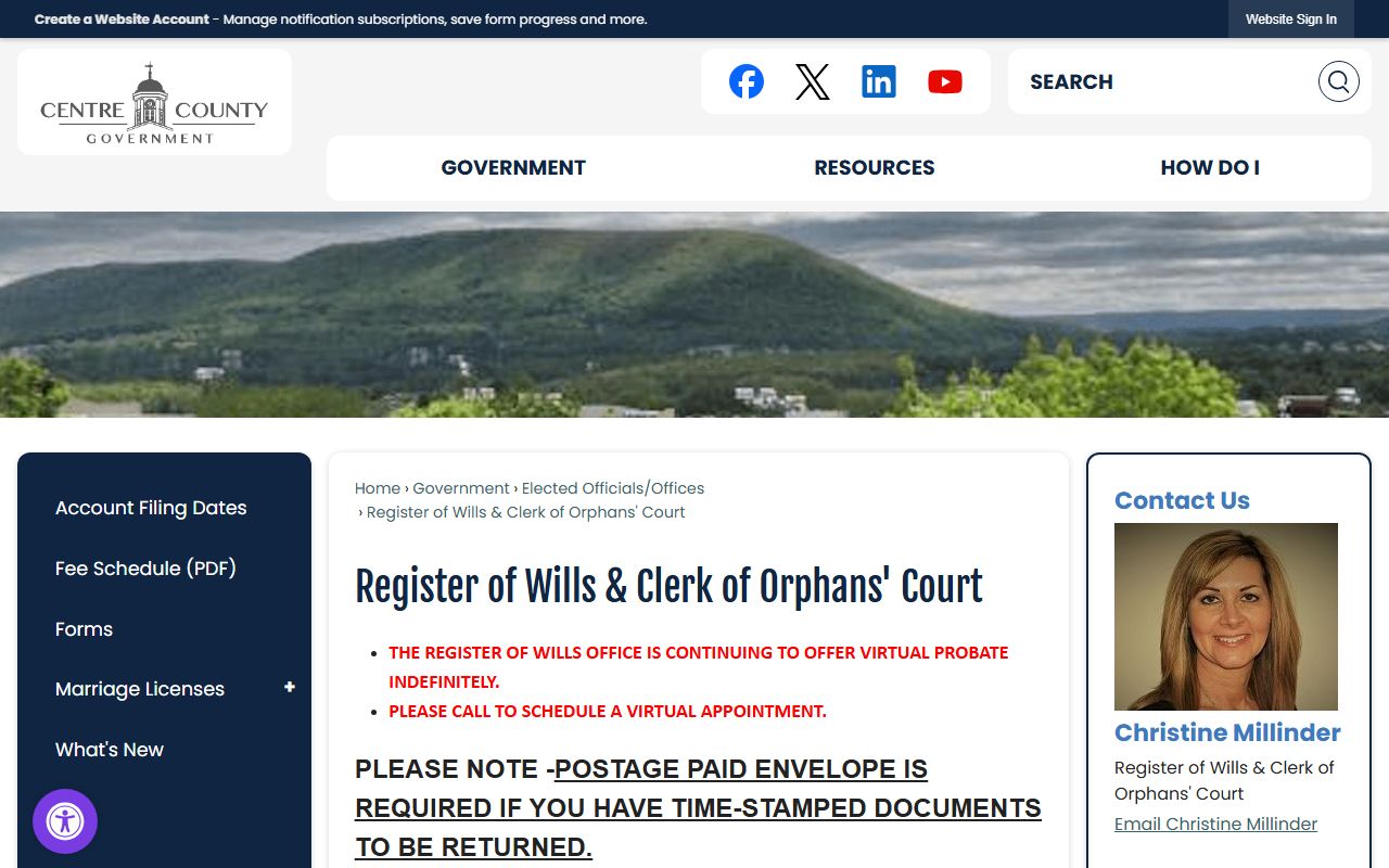 Centre County marriage records Register of Wills and Clerk of Orphans Court