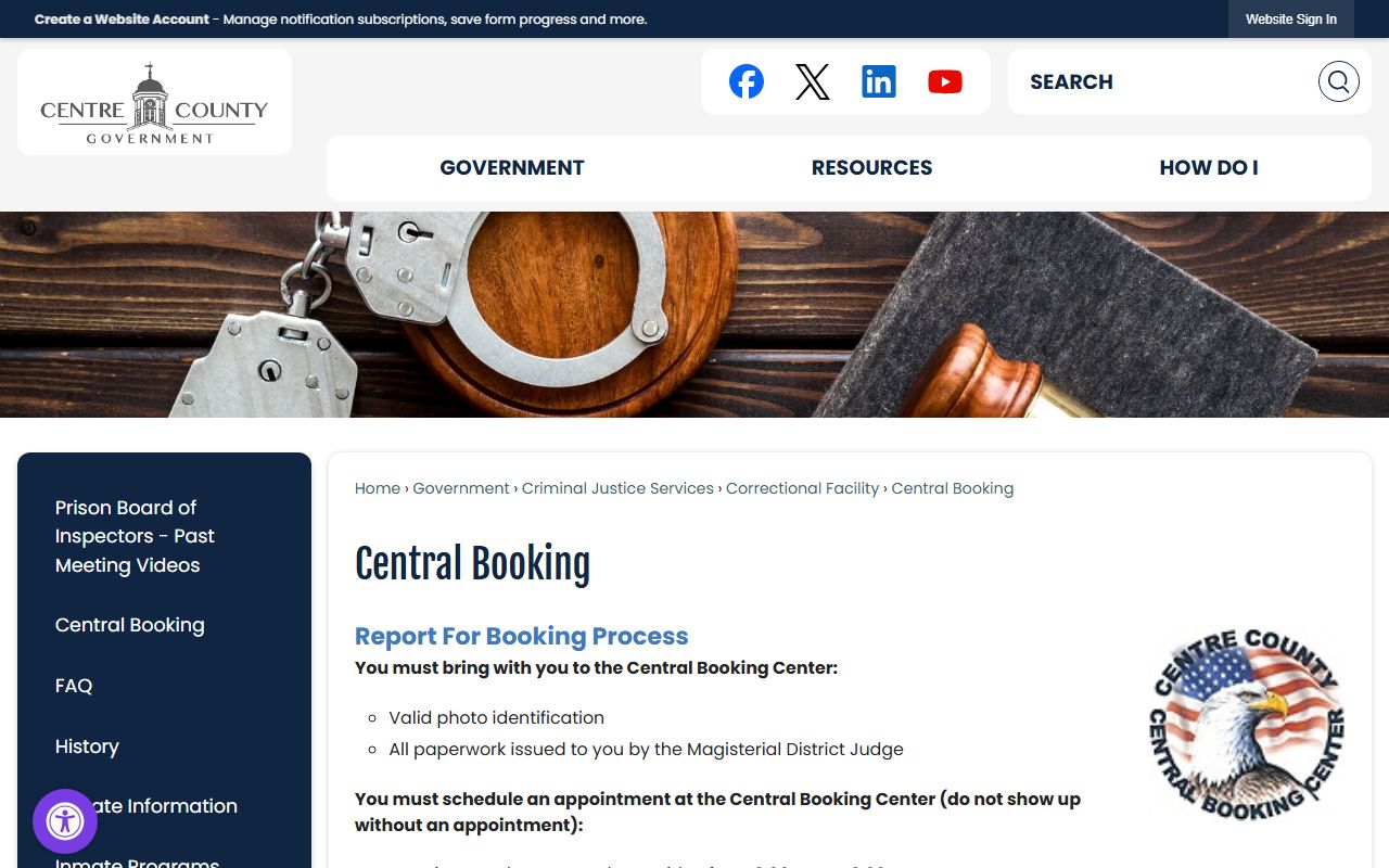 Centre County warrant search Central Booking page