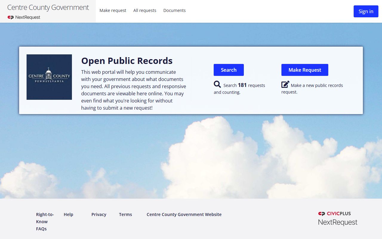 Centre County warrant search NextRequest portal